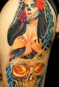 Мексиканың дәстүрлі стиліндегі түрлі-түсті сексуалды әйелдерге арналған татуировкасы