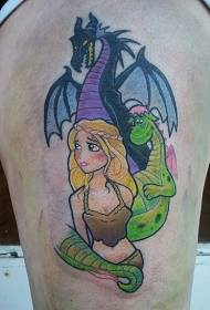 Djevojka u crtiću u obliku bedara s uzorkom tetovaže zmaja