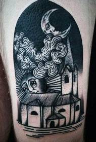 Modello di tatuaggio di vecchia scuola luna nera sole casa