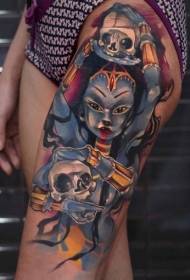 Awọ Ile-iwe Tuntun Thigh Hindu Goddess Tattoo