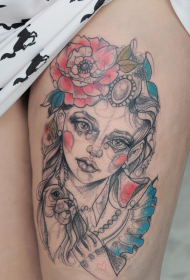 Στυλ σκίτσο πολύχρωμη γυναίκα στυλ με σκύλο και λουλούδι τατουάζ μοτίβο