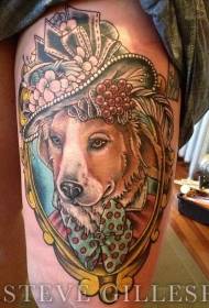 Thigh new school color dog portrait tattoo pattern