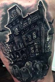 Стегно чорний сірий таємничий будинок з візерунком татуювання кладовища кажана