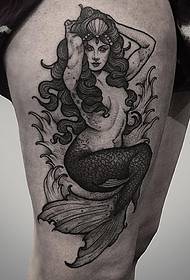 Modello di tatuaggio a sirena grigio nero scuola coscia