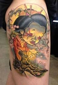 Tecknad stil träd och fjäril geisha tatuering mönster