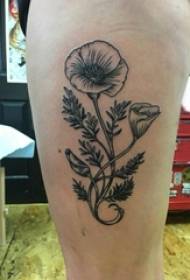 Skolflicka lår på svarta stick enkla linjer växtblad och blommor tatuering bilder