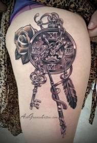 Leg realism style key and clock tattoo pattern