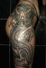 Muslo increíble patrón de tatuaje de dragón de estilo asiático en blanco y negro