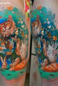 Estilo de gato e ilustración de patrón de tatuaxe de mariposa