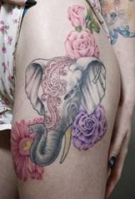 Fetele coapse pictate pe linii simple gradient flori și imagini tatuaj elefant