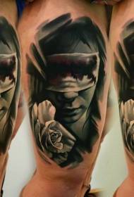 Leg new style realistic rose and woman tattoo