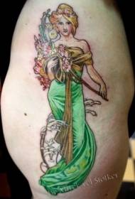 Thigh painted beautiful woman with flowers tattoo pattern