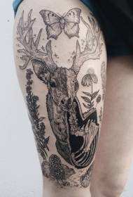 Спектакуларно растение со скелетни црни елен и шема на тетоважа на пеперутки