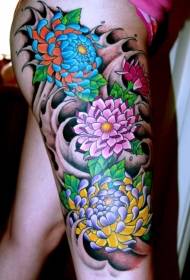 Thigh xim Nyiv chrysanthemum tattoo qauv