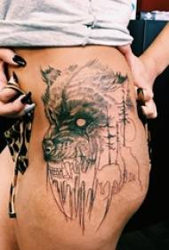 Moksleivės šlaunys ant juodo eskizo taško erškėčių patarimai kūrybinės vilko galvos tatuiruotės nuotraukos