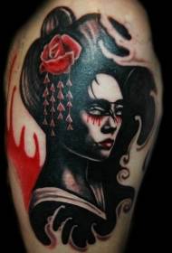 Modello colorato del tatuaggio della donna della geisha di stile dell'illustrazione della spalla