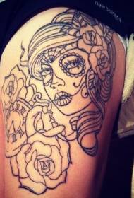 Stehno čierna čiara dievča a ružové hodiny tetovanie vzor