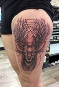 黑色的刺的男孩大腿上的幾何簡單線條小動物鹿紋身圖片