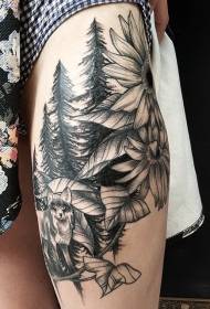 Узорак тетоваже шуме дивље лисице и цвијета