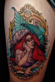 Modello di tatuaggio di coscia a sirena di colore vecchia scuola