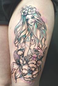 Tatuaggio seducente a sirena di colore schizzo gamba