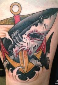 Patrón de tatuaje europeo y americano de anclaje de tiburón muslo