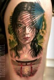Стігна реалістичний стиль барвисті азіатські жіночий портрет татуювання візерунок