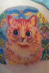 Patrón de tatuaje de flor de pluma y gato de color de muslo