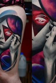 Thigh new style colorful girl face with geometric hand tattoo pattern