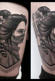 Patrón de tatuaje de tirador de mujer asiática blanco y negro de muslo