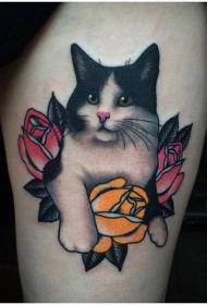 Бедра нова школа милий кіт з візерунком татуювання квітами