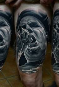 Modello di tatuaggio di coscia realistico cantante di musica realistica in bianco e nero