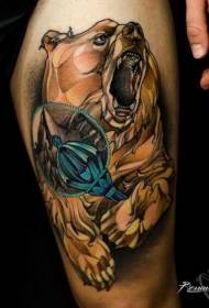 Thigh modern style color roaring bear with magic wand tattoo pattern