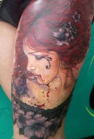 Thigh color bloody woman with butterfly and flower tattoo pattern