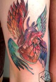 Leg watercolor painting style heart and wings tattoo pictures