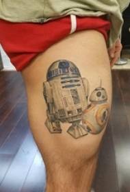 Tatuaggio di robot, robot maschio, immagine colorata del tatuaggio del robot sulla coscia