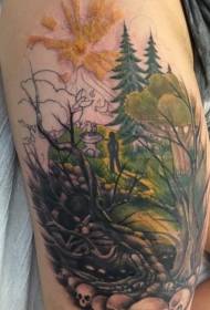Modello di tatuaggio pianta tatuaggio nella foresta colorata coscia