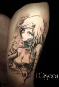 Thigh, japanese style, color comic woman tattoo pattern