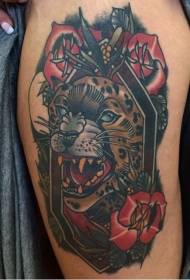 Femuro malnova lernejo kolora leopardo kapo portreto kaj floro tatuaje ŝablono