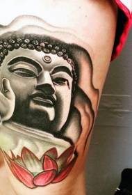 Šlaunies juodos ir baltos lotoso statulos Budos statulos tatuiruotė