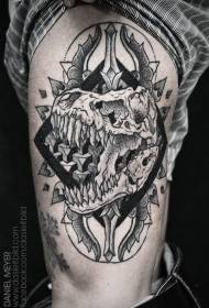 Thigh old school black mysterious dinosaur skull geometric tattoo pattern