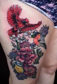 Fantastico tatuaggio colorato di uccelli e fiori in fiore