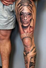 Thigh unique hand drawn black and white portrait with skull mask tattoo pattern