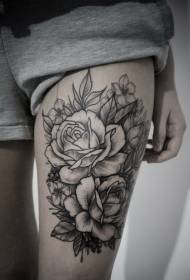 Augšstilba melnās pelēkās līnijas rožu tetovējuma raksts