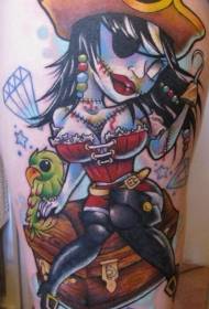 Здолниште во бутот цртана зомби пиратска девојка со шема на тетоважа со папагали и дијаманти