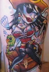 Uewerschenkel Cartoon Faarf Zombie Pirat Meedchen mat Papagei an Diamant Tattoo Muster