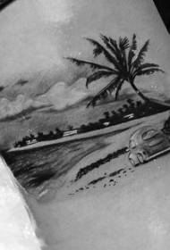 Thigh very realistic car beach with palm tree tattoo pattern