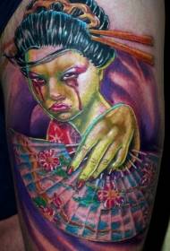Padrão de tatuagem de gueixa zumbi chorando colorido de coxa