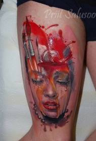 Modello colorato del tatuaggio del ritratto della ragazza di stile dell'illustrazione della coscia