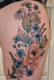 여자 허벅지 그린 그라데이션 간단한 라인 창조적 인 식물 꽃 문신 사진